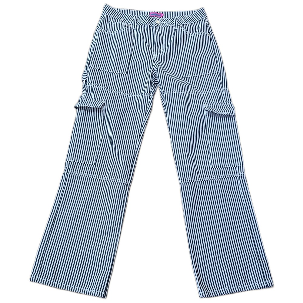 Edikted Striped Cargo Jeans Blue White Hickory Stripe Straight Leg Mens M
